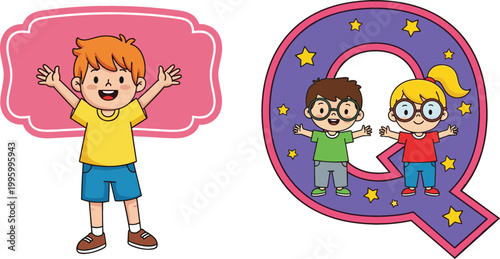 Cartoon boy with speech bubble and letter Q with kids illustration set, alphabet learning and communication themed vector design collection