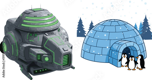 Futuristic sci-fi spaceship and igloo with penguins illustration set, technology and arctic wildlife themed vector collection design