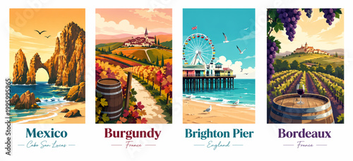 Diverse travel destinations with iconic landmarks and landscapes, flat design vector illustration