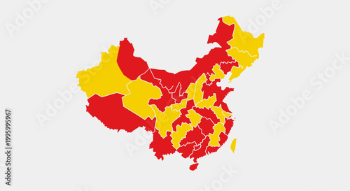 China Map with Administrative Divisions Highlighted in Red and Yellow, isolated white background
