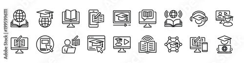 E-learning thin line icon set. Contains learning, education, globe, study, reading, writing, teaching, class, online video, courses, web, listening, graduation cap, book, network, internet - Vector
