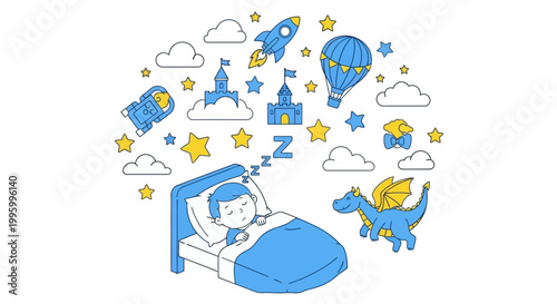 Boy Sleeping in Bed with Dinosaur.