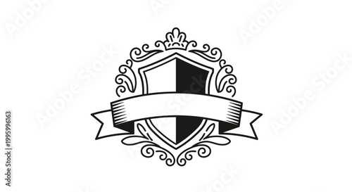 A royal vintage emblem featuring the coat of arms of France on a gold shield with wings, decorated with a crown, ribbon banner, and retro floral elements in a high quality vector illustration