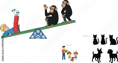 Cartoon evolution concept with child and monkeys on seesaw, family scene and pet silhouettes illustration set for education and lifestyle vector design