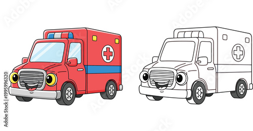 Cute red cartoon ambulance character and black and white coloring page outline vector illustration