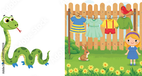 Cartoon snake character and kids clothes hanging on fence with girl in garden illustration set, nature, fashion and outdoor lifestyle vector collection