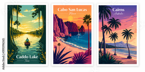 Kayaker on serene lake surrounded by lush forest and dramatic sunset sky, vector illustration