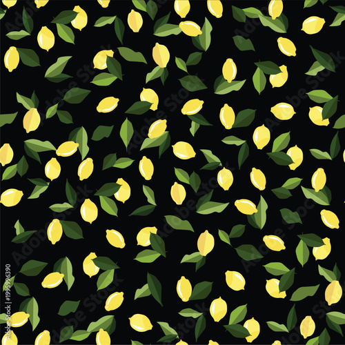 Lemon on black seamless pattern. Nature illustration yellow fruit, green leaves for print, for fabric print, for wallpaper, for web stock vector illustration
