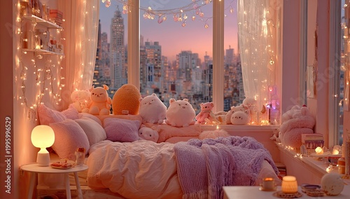 Cozy Bedroom Oasis with Fairy Lights and City View at Sunset.
