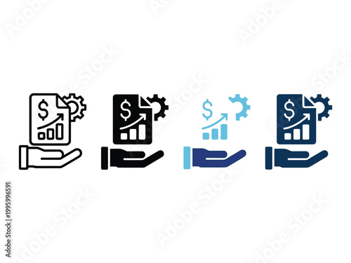 Business growth report icon set with financial charts gear mechanism hand support concept for investment analysis profit success.