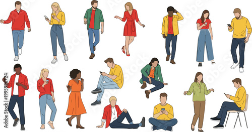 Young People in Casual Outfits, Using Phones and Engaged in Various Activities