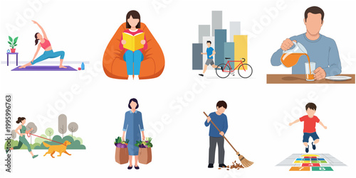 Diverse Set of Lifestyle Activities Depicting Health, Recreation, and Daily Chores