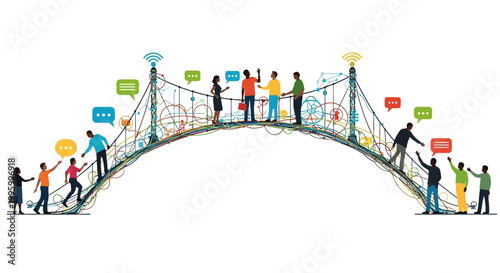 People Crossing Suspension Bridge Together.