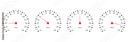 Speedometer and Tachometer Icon Set – Car Dashboard Gauge Collection with km/h Scale for Automotive Apps and UI 
Vector Illustration
