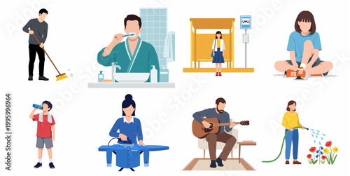 Set of Daily Life Activities Illustrations Featuring Diverse People Engaged in Common Daily Routines