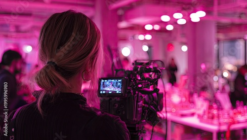 Filmmaker Captures Event with Professional Video Camera in Neon Pink Lighting.