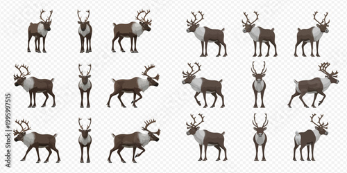 Reindeer animation sprite sheet, various poses, running, standing, walking, front view, side view.