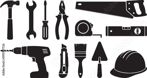 Collection of black silhouette construction and DIY tools isolated on a white background for renovation projects