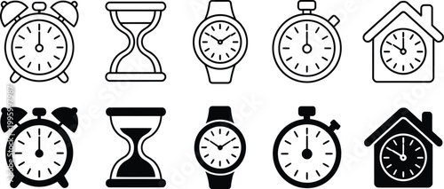 Vector collection of various clocks and timers including sandglass and watches isolated on white background for productivity and deadline concepts.