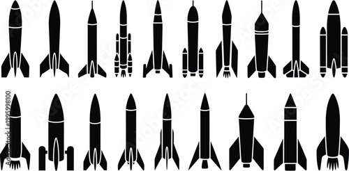 Bild auf Leinwand Rocket ship silhouette collection featuring various spacecraft designs and missile shapes for space exploration aerospace industry and startup launch concepts vector