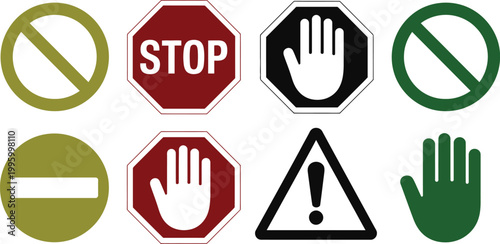 Traffic stop sign collection including prohibition symbols warning triangles and hand gestures for road safety regulation and transportation control icons.