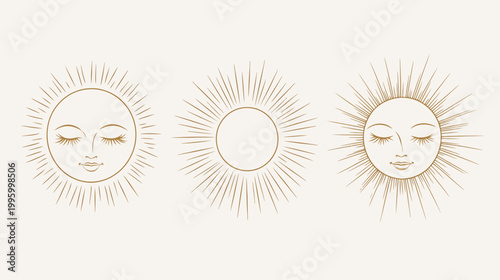 Golden line art illustrations of sun faces with closed eyes and radiating lines on a cream background