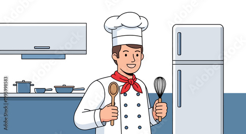 Smiling professional male chef in a modern kitchen setting, holding cooking utensils and ready to create delicious culinary masterpieces with expertise and passion