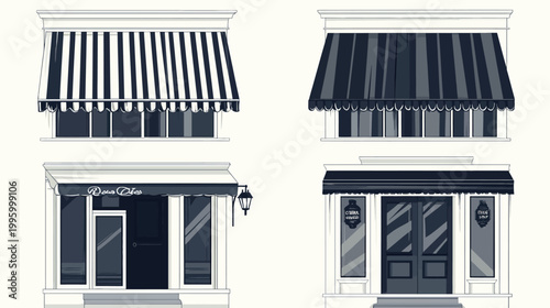 Monochrome illustration of four storefronts with awnings, varying design, and a vintage aesthetic