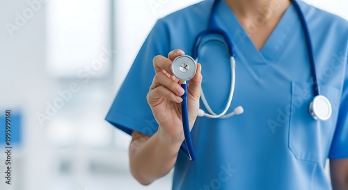 Closeup of a healthcare professional in blue scrubs holding a stethoscope ready for medical examination.