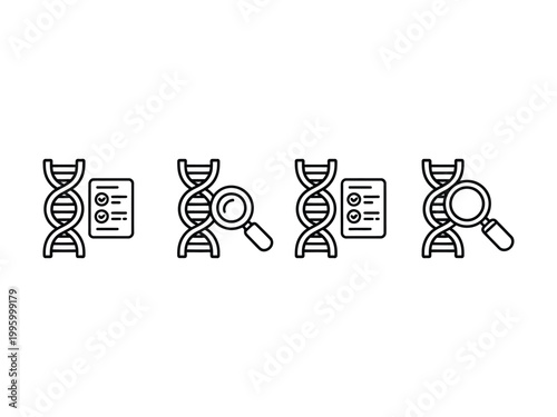 Set of dna helix icons with document and magnifying glass representing genetic research and medical laboratory analysis symbols.