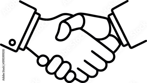 Simple black and white line of two hands shaking, representing agreement handshake business partnership