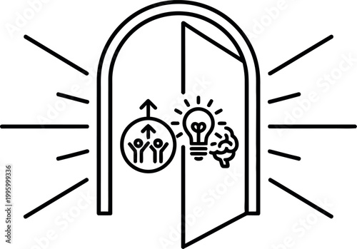 Open door with light rays, lightbulb, brain, and group of people idea