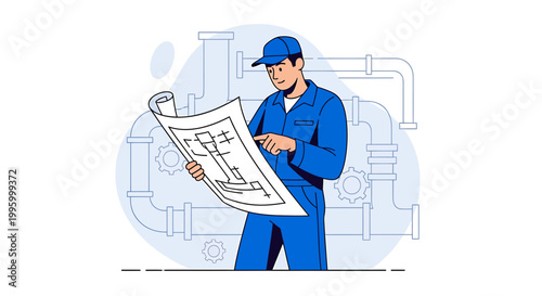 Plumber in blue uniform examining blueprints with pipes and gears in background