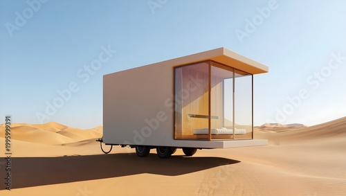 Tiny Minimalistic Portable House Placed In Various Natural Settings, Clean Lines, Warm Interior Glow, Floor-To-Ceiling Glass Windows, Natural Wood Textures And Soft Earthy Tones (AI-Generated)