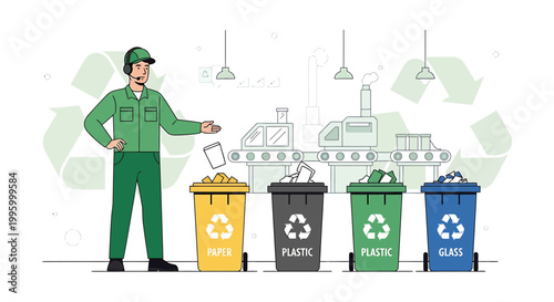 Recycling worker sorts waste into bins: paper, plastic, glass at factory