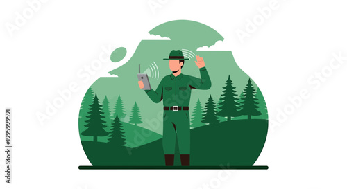 Ranger Using Tablet and Radio in Forest, Communication Technology, Nature Conservation