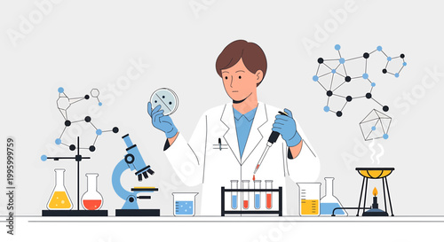 Scientist working in laboratory with microscope, test tubes, and molecular models