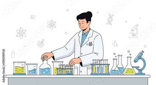 Scientist in lab coat working with test tubes and beakers, science research concept