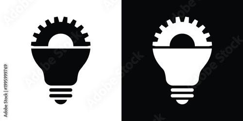 Vector icon combining a light bulb and a gear, symbolizing technical innovation, engineering solutions, development, and smart, mechanical creative thinking. Black and white graphic.