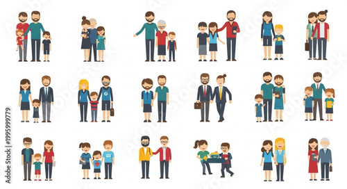 Diverse Group of Cartoon Families Posed Together.