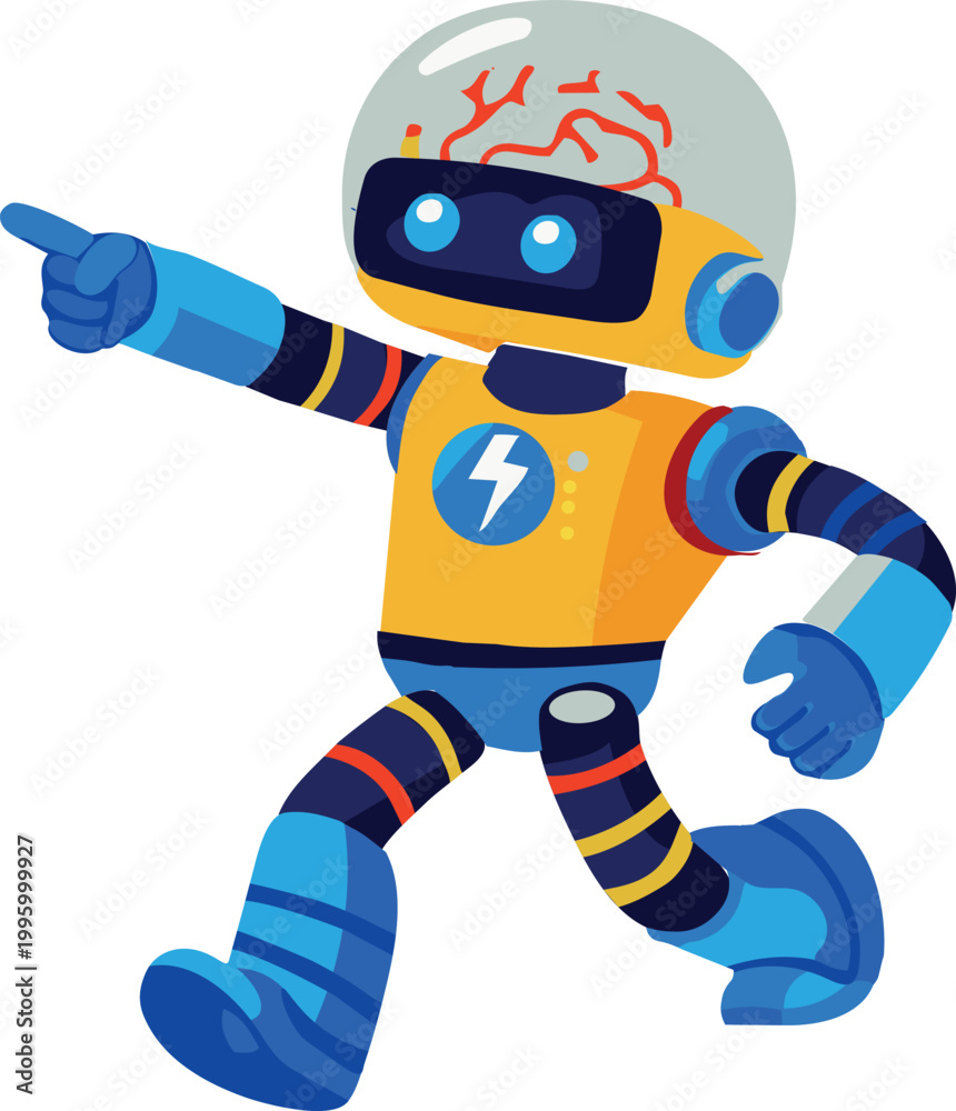 Obraz premium A colorful cartoon robot with a transparent dome showing a brain points forward in an energetic pose