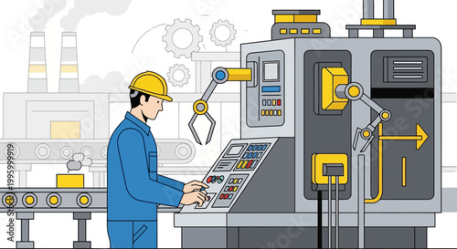 Dedicated industrial worker meticulously operates sophisticated machinery, overseeing automated production on a factory floor, embodying modern manufacturing and technological progress