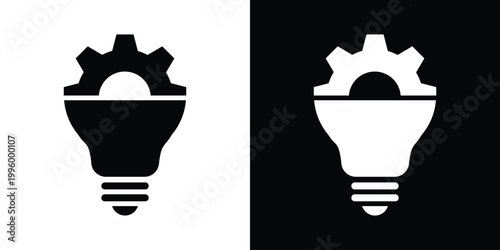 Vector icon combining a light bulb and a gear, symbolizing technical innovation, engineering solutions, development, and smart, mechanical creative thinking. Black and white graphic.