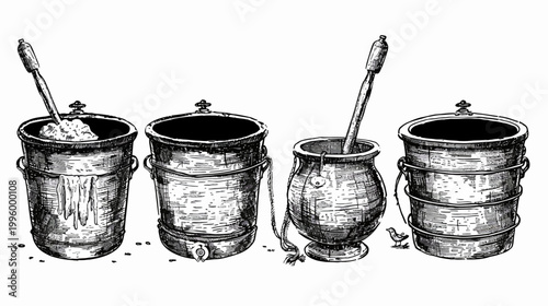 A detailed, stylized black and white illustration of various metal pots and buckets