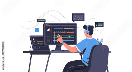 Video Editor Working on Timeline Editing Software on Computer, Remote Work Concept