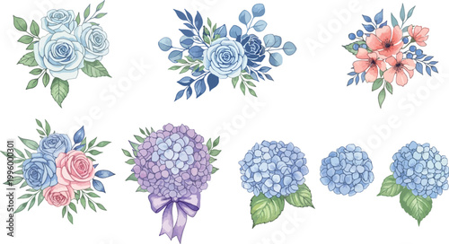 Watercolor Floral Bouquet Icon Set with Roses, Hydrangea and Botanical Arrangements for Wedding, Invitation and Elegant Decorative Design