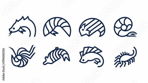 Collection of stylized dark blue line art icons of various sea creatures on a white background