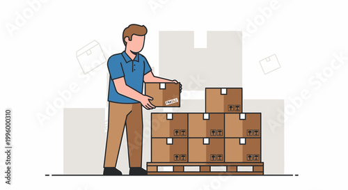 Warehouse worker stacking cardboard boxes on a pallet, logistics and delivery concept