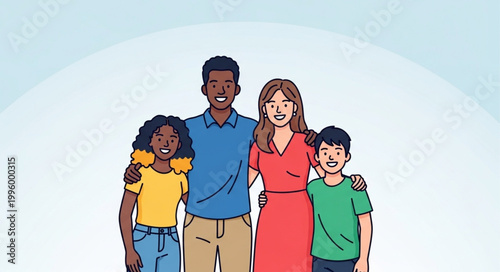 Diverse family of four posing together smiling happily.