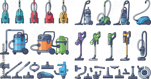 Vacuum cleaner vector set with upright canister cordless handheld models and attachments detailed home cleaning equipment collection